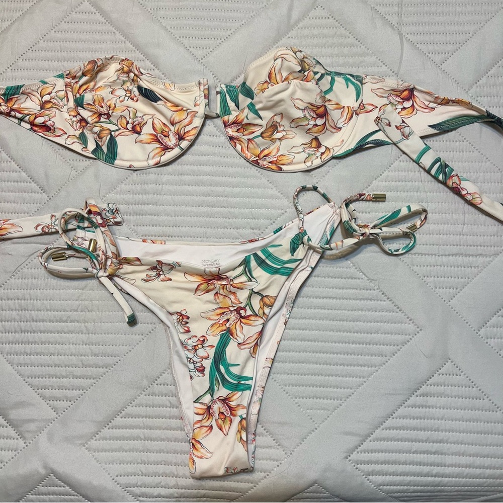 Monday Swimwear Floral Cream and Green Bikini Set